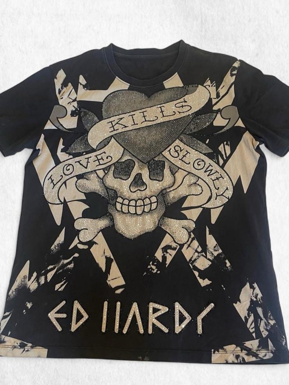 Ed Hardy Black Tee with Beige Rhinestone Skull LOVE KILLS SLOWY 💀